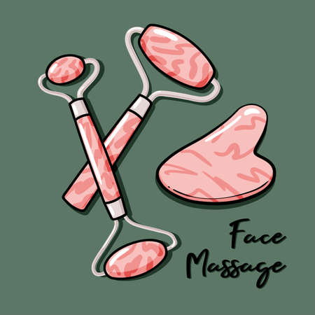 Gua Sha and facial massage jade roller tool isolated on green background. Rose quarts stone self massage scraper. Home beauty routine. Modern flat doodle composition illustrations of Gua Shaのイラスト素材