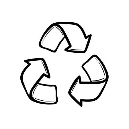 Doodle Recycle arrow symbol, using recycled resources. Green eco vector icon hand drawn style. Zero waste ecology concept. Vector illustrationのイラスト素材