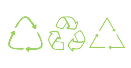 Doodle Recycle set of arrow symbols, using recycled resources. Green eco vector icon hand drawn style. Zero waste ecology concept. Vector illustration collectionのイラスト素材