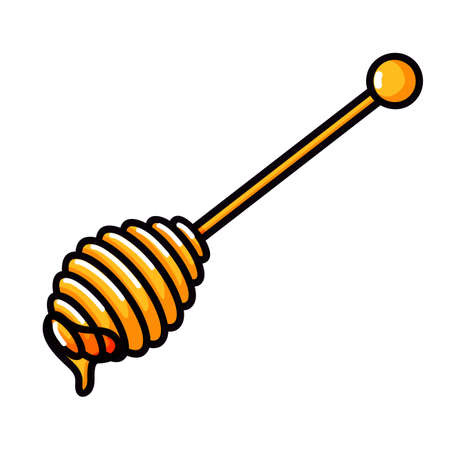 Wooden honey dipper, sketch doodle style vector illustration of honey spoon isolated on white background. Transparent liquid golden colored honey dripping iconのイラスト素材