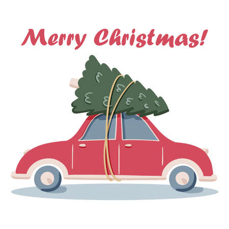 Flat vector drive red car with pine Christmas tree doodle illustration, merry Christmas, idea for greeting card, wall art, t shirt, printable apparels isolated on white backgroundのイラスト素材