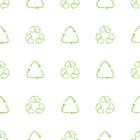 Seamless eco pattern. Three arrows eco recycle. Reuse ornament doodle on white background. Green flat vector wallpaper. Zero waste ecology circle symbol.のイラスト素材