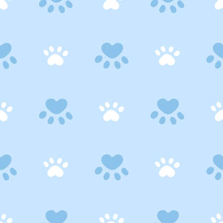 Blue and white cat or dog seamless pattern. Meow and cat paws background vector illustration. Cute cartoon pastel character for nursery boy baby print.のイラスト素材