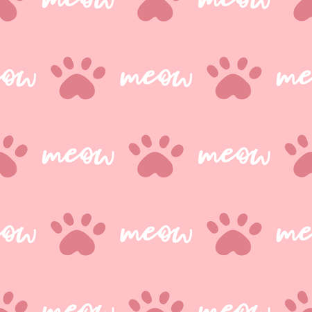 Pink and white cat seamless pattern. Meow and cat paws background vector illustration. Cute cartoon pastel character for nursery girl baby print.のイラスト素材