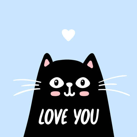 Cat cute face love you romantic vector doodle illustration with a heart isolated on blue background with lettering. Children baby nursery pastel poster.のイラスト素材
