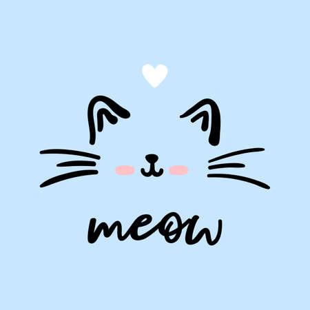 Cat cute face meow vector doodle illustration isolated on blue background with lettering meow. Children baby nursery pastel poster.のイラスト素材