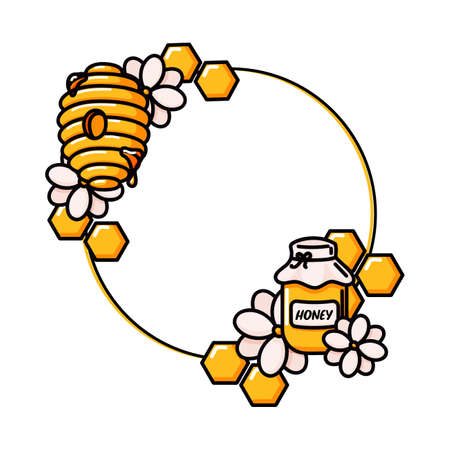Honey circle yellow and black frame vector illustration. Round template with bee honey jar, flowers, beehive, hive and honeycombs. Cartoon doodle style hand drawn drawing art isolated on white.のイラスト素材