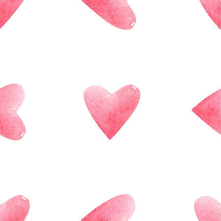 Seamless pattern with bright pink hand painted watercolor hearts. Romantic decorative background perfect for Valentines day gift paper, wedding decor or fabric textileの写真素材