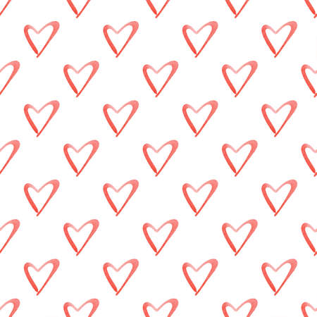 Seamless pattern with red bright hand painted watercolor hearts. Romantic decorative background perfect for Valentines day gift paper, wedding decor or fabric textileの写真素材