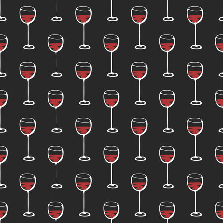 Seamless doodle pattern with couple of cheers wine glass isolated on dark black background. Vector sketch illustration.のイラスト素材