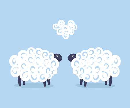 Cute two sheep vector kids love couple illustration on blue background with a heart. Baby shower background. Child drawing flat style white sheep. Kids design for fabric and decor.のイラスト素材