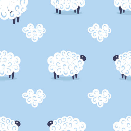 Cute sheep vector seamless pattern kids sweet dreams illustration on blue background. Baby shower background. Child drawing flat style white sheep. Kids design for fabric and decor.のイラスト素材
