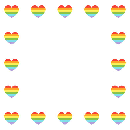 Square seamless pattern border vector illustration. Frame with simple hearts and flags in doodle style - pride, love, Gay parade slogan copy space. LGBT rights symbol.のイラスト素材