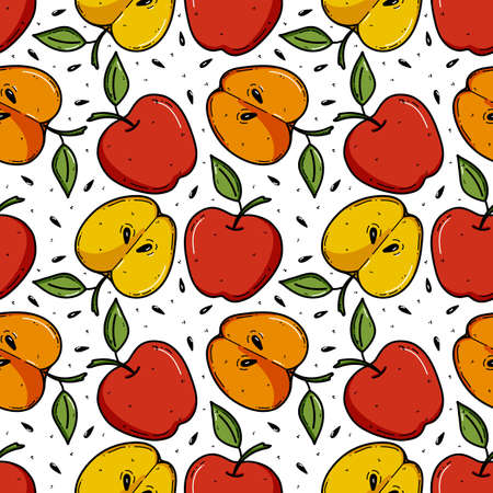 Apple background, seamless pattern vector illustration. Good for textile, wrapping, wallpapers, etc. Sweet red and yellow apples isolated on white background.のイラスト素材