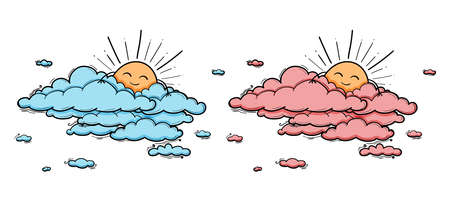 Sun and Cloud kids drawing for nursery in cartoon outline style. Boy and girl blue or pink vector illustration isolated on whiteのイラスト素材