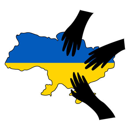 Stop War in Ukraine concept vector illustration. Russian hands on Ukrainian map. Ukrainian flag illustration. Save Ukraine from Russia.のイラスト素材