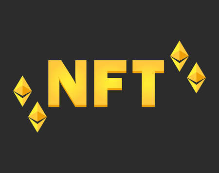 NFT token in crypto artwork. Banner Non-fungible token. NFT non fungible token in blockchain technology in digital crypto art. ERC20 cryptocurrency and art in cartoon styleのイラスト素材