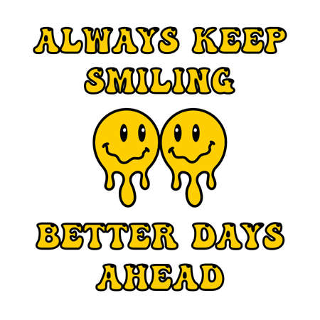 Melting smile lettering vintage illustration. Retro psychedelic melt smile face logo. Dripping smile print with text. Good mood. Positive emoji sticker. Vector groovy emoji face. Face symbol.のイラスト素材