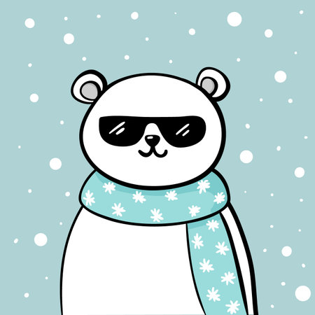 Cool polar bear in sunglasses. New year kids card with a cute white bear and snow in doodle styleのイラスト素材