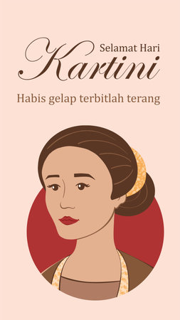 Selamat hari Kartini. Translation Happy Kartini day. Habis gelap terbitlah terang means After Darkness comes Light. Indonesian Hero Kartini with Indonesian flag vector illustrationのイラスト素材