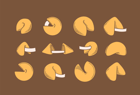 Chinese fortune cookies vector illustration. Chinese New year dessert prophecy cookie in doodle style.のイラスト素材
