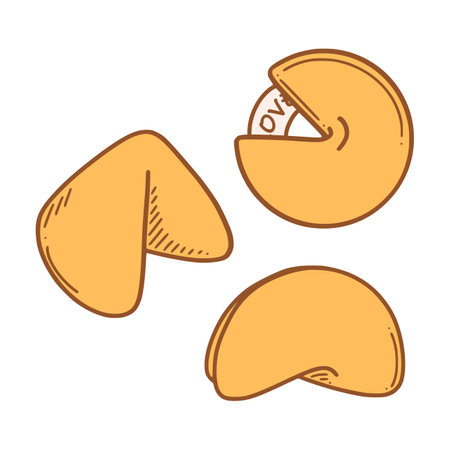 Chinese fortune cookies vector illustration. Chinese New year dessert prophecy cookie in doodle style.のイラスト素材