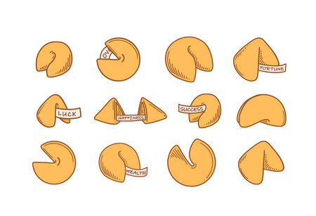Chinese fortune cookies vector illustration. Chinese New year dessert prophecy cookie in doodle style.のイラスト素材