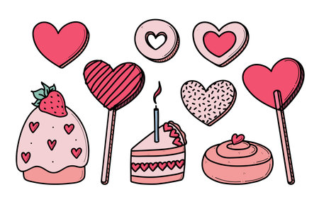 Hand drawn heart shaped valentines set of romantic sweets vector illustration. Cute cupcake, cookies, lollipop, cinnamon roll doodles collection for anniversary and wedding.のイラスト素材