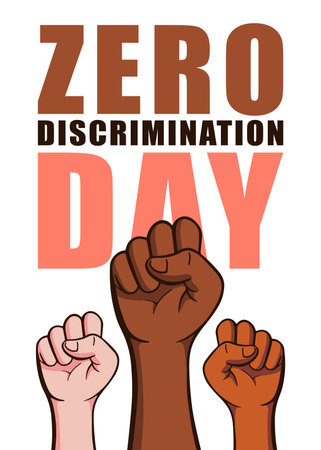 Zero Discrimination Day 1 March. Hand fists of diverse group of people in different colors vector illustration isolated on white background.のイラスト素材