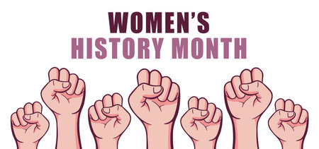 Womens history month banner template vector illustration. Feminism poster for march women history month with fist symbol doodle.のイラスト素材