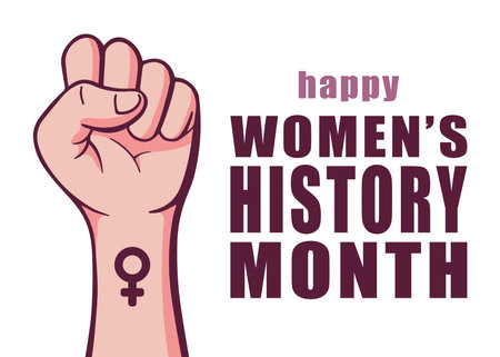 Womens history month banner template vector illustration. Feminism poster for march women history month with fist symbol doodle.のイラスト素材