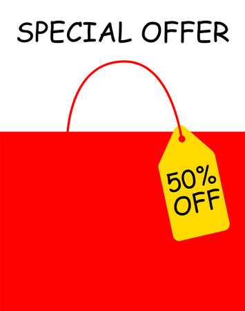 Special offer discount label with sale percentage. Sale tag on a shopping bag 50 percent off price vector illustration isolated on whiteのイラスト素材