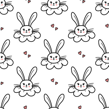 Cute bunny seamless pattern. Hand drawn doodle rabbit face and hearts vector wallpaper. Happy Easter banner background..のイラスト素材