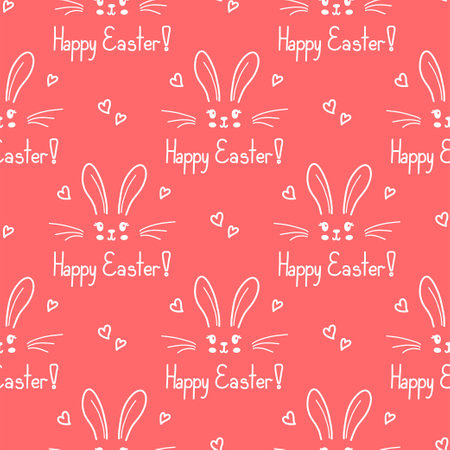 Cute bunny seamless pattern. Hand drawn doodle rabbit face and hearts vector wallpaper. Happy Easter banner background..のイラスト素材