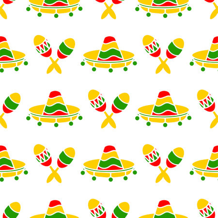 Sombrero hats and Maracas doodle illustration seamless pattern. Vector hand drawn background of Mexican fiesta party and Cinco de Mayo holiday.のイラスト素材
