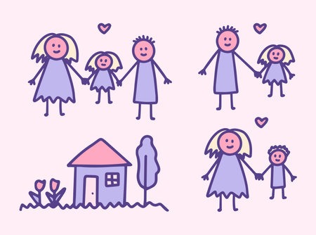Set of kids doodle with different family drawings. Mom, dad and children, son and daughter, a house. Single parent or full family vector illustration.のイラスト素材