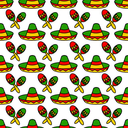 Sombrero hats and Maracas doodle illustration seamless pattern. Vector hand drawn background of Mexican fiesta party and Cinco de Mayo holiday.のイラスト素材