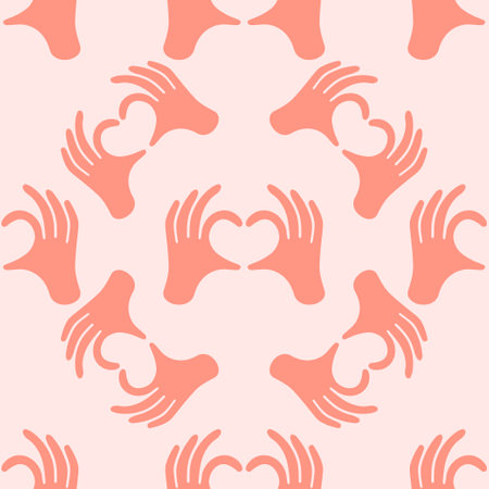 Hands making or formatting a heart symbol seamless pattern illustration. I love you heart sign. Valentine day, message of love hand gesture, shapes heart with both hands vector background..のイラスト素材