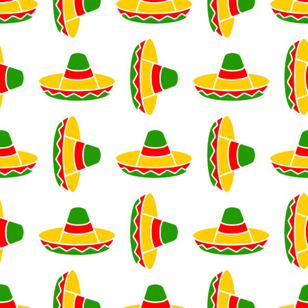 Sombrero hats doodle illustration seamless pattern. Vector hand drawn background of Mexican fiesta party and Cinco de Mayo holiday.のイラスト素材