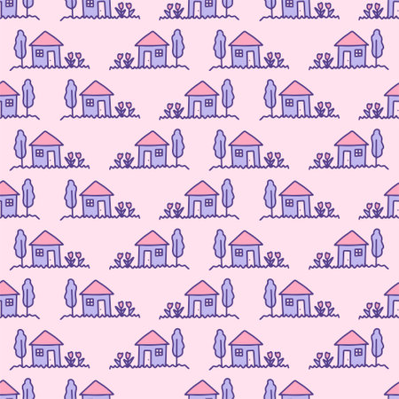 Childish sketch with a house, tree and flowers vector background illustration. Kids cute doodle of home in pink and violet colors seamless pattern.のイラスト素材