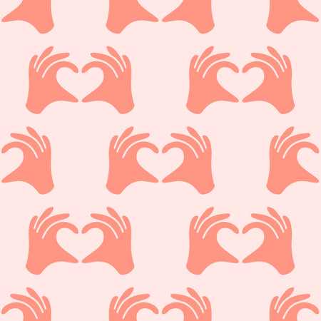 Hands making or formatting a heart symbol seamless pattern illustration. I love you heart sign. Valentine day, message of love hand gesture, shapes heart with both hands vector background..のイラスト素材