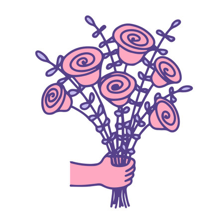 A hand holding a bouquet of ranunculus and roses flowers. Flower shop vector illustration for card, wedding celebration.のイラスト素材