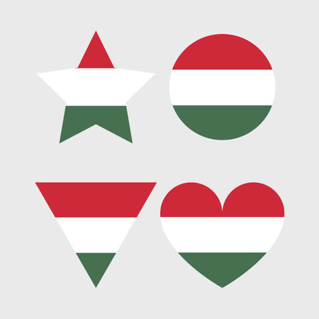 Hungary flag vector icons set of illustrations in the shape of heart, star, circle and map.のイラスト素材