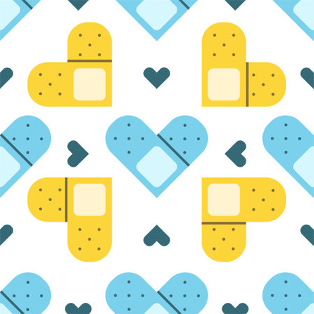 Flat cute seamless pattern of medical plaster with hearts. Blood donation print design in doodle style..のイラスト素材