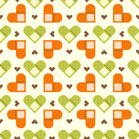 Flat cute seamless pattern of medical plaster with hearts. Blood donation print design in doodle style..のイラスト素材