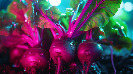 Beetroot on dark soil background viewed from above. Organic beet. AI generatedの素材