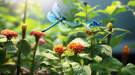 Beautiful blue dragonfly flying over colorful flowers in a vibrant city park, showcasing urban biodiversity and nature restorationの素材