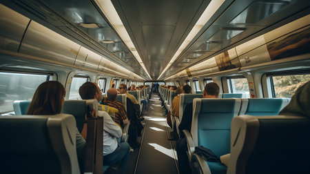 Warm sunlight illuminates a vintage train carriage interior, passengers relaxing in comfortable seats as the train travels through a picturesque landscapeの素材