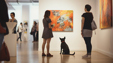 Woman admiring artwork in a contemporary art gallery with her well behaved dog sitting patiently beside herの素材