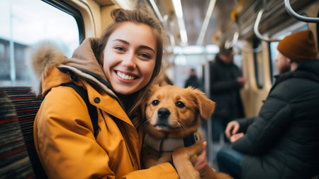 Happy student commuting with her puppy on pet friendly public transportation, enjoying a convenient and animal loving travel experienceの素材